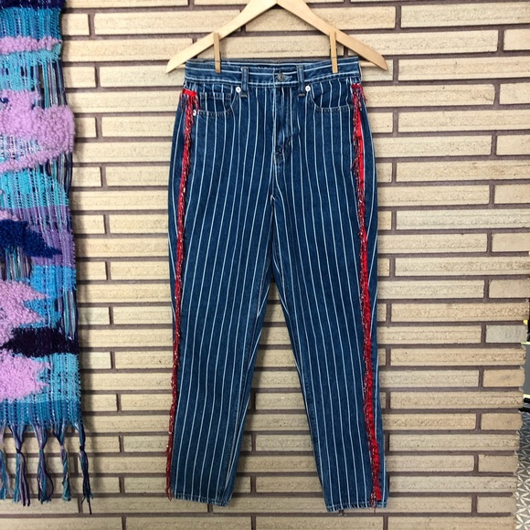 Denim Pin Stripe Jeans with Vintage Fringe - American Eagle Mom Jeans - Waist 26 - Picture 14 of 16